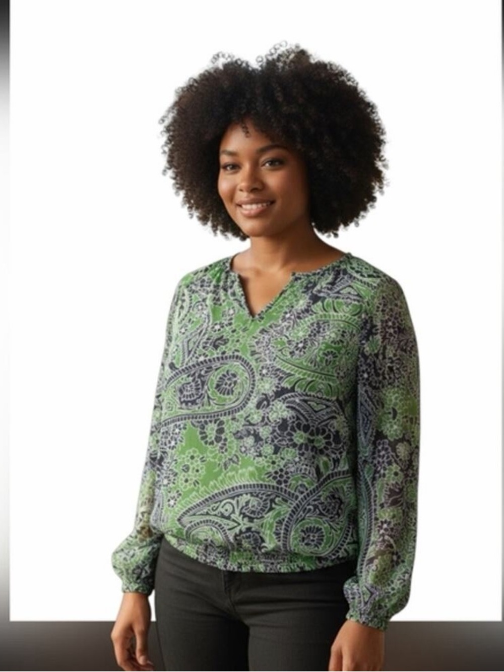 Liz Claiborne Petite Green and Black Paisley Floral Print Blouse